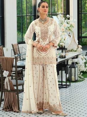 Women Ethnic Motifs Embroidered Regular Thread Work Kurta with Sharara & With Dupatta 1