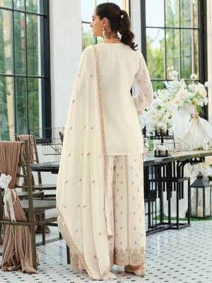 Women Ethnic Motifs Embroidered Regular Thread Work Kurta with Sharara & With Dupatta 4