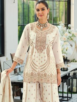 Women Ethnic Motifs Embroidered Regular Thread Work Kurta with Sharara & With Dupatta 6