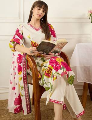 Women Floral Printed Regular Pure Cotton Kurta with Trousers & With Dupatta 1