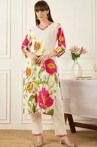 Women Floral Printed Regular Pure Cotton Kurta with Trousers & With Dupatta