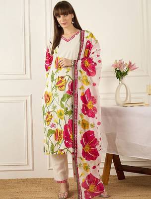 Women Floral Printed Regular Pure Cotton Kurta with Trousers & With Dupatta 4