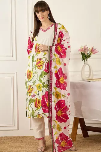 Women Floral Printed Regular Pure Cotton Kurta with Trousers & With Dupatta