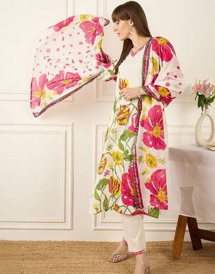Women Floral Printed Regular Pure Cotton Kurta with Trousers & With Dupatta 6