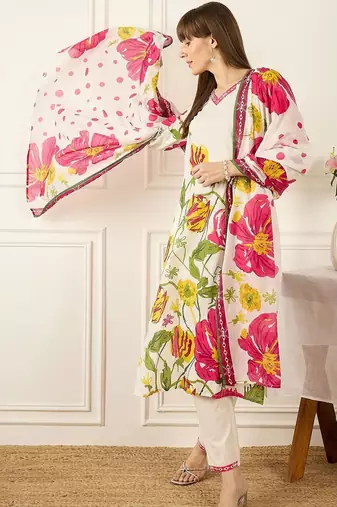 Women Floral Printed Regular Pure Cotton Kurta with Trousers & With Dupatta