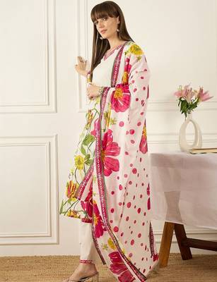 Women Floral Printed Regular Pure Cotton Kurta with Trousers & With Dupatta 7