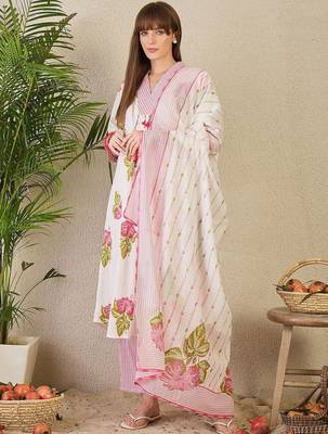 Women Floral Printed Regular Pure Cotton Kurta with Trousers & With Dupatta 5