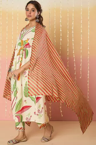 Women Floral Printed Empire Pure Cotton Kurta with Trousers & With Dupatta
