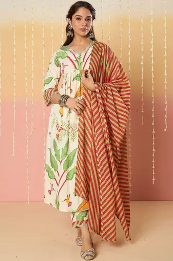 Women Floral Printed Empire Pure Cotton Kurta with Trousers & With Dupatta