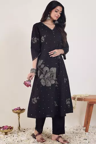Women Ethnic Motifs Printed Regular Thread Work Pure Cotton Kurta with Trousers
