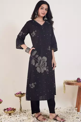 Women Ethnic Motifs Printed Regular Thread Work Pure Cotton Kurta with Trousers