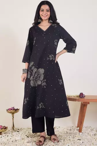 Women Ethnic Motifs Printed Regular Thread Work Pure Cotton Kurta with Trousers