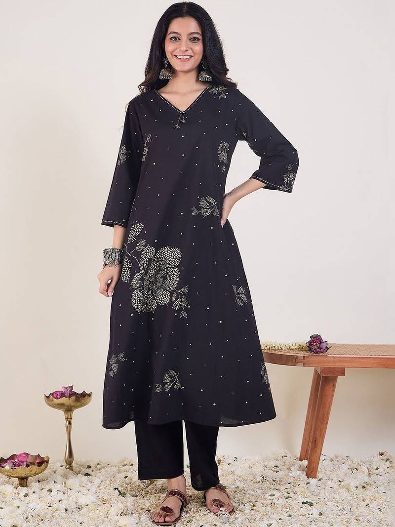 Women Ethnic Motifs Printed Regular Thread Work Pure Cotton Kurta with Trousers