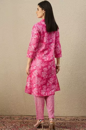 Women Floral Printed Regular Thread Work Pure Cotton Kurta with Trousers