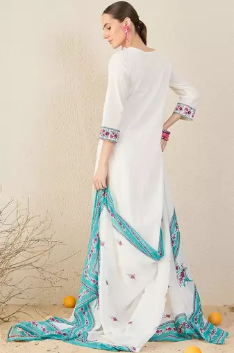 Women Floral Embroidered Regular Thread Work Pure Cotton Kurta with Trousers & With Dupatta