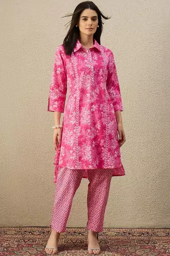 Women Floral Printed Regular Thread Work Pure Cotton Kurta with Trousers