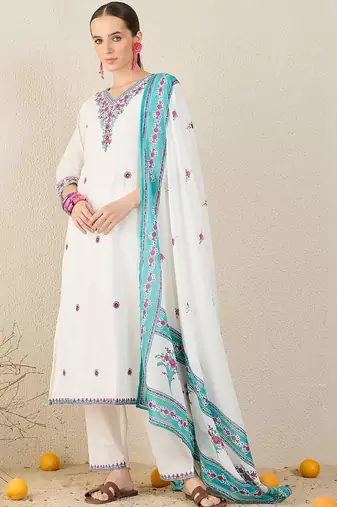 Women Floral Embroidered Regular Thread Work Pure Cotton Kurta with Trousers & With Dupatta