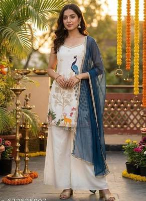 Embroidered French Crepe Straight Kurta Palazzo and Dupatta Set 1