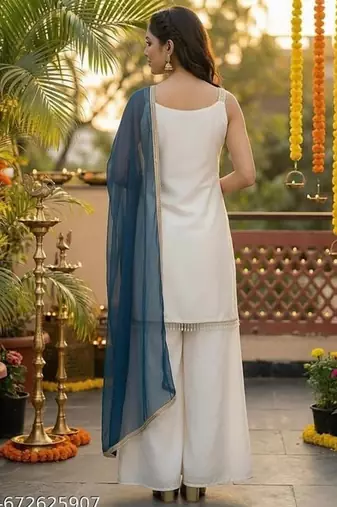 Embroidered French Crepe Straight Kurta Palazzo and Dupatta Set