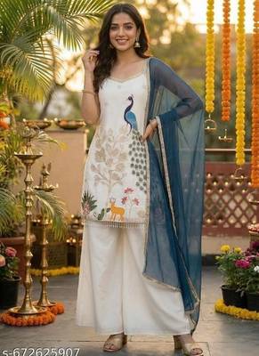 Embroidered French Crepe Straight Kurta Palazzo and Dupatta Set 5