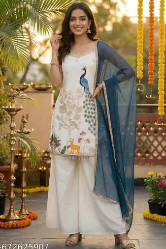 Embroidered French Crepe Straight Kurta Palazzo and Dupatta Set