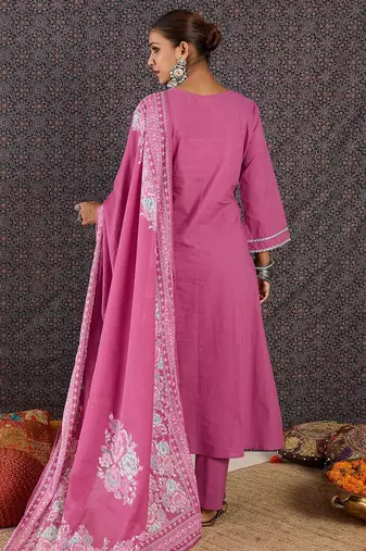 Women Floral Embroidered Regular Thread Work Pure Cotton Kurta with Trousers & With Dupatta