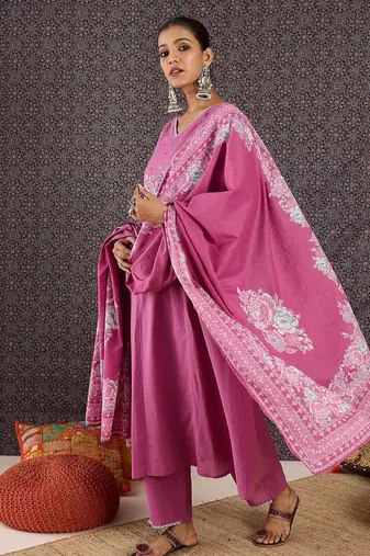Women Floral Embroidered Regular Thread Work Pure Cotton Kurta with Trousers & With Dupatta