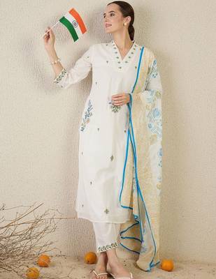 Women Floral Embroidered Regular Thread Work Pure Cotton Kurta with Trousers & With Dupatta 3