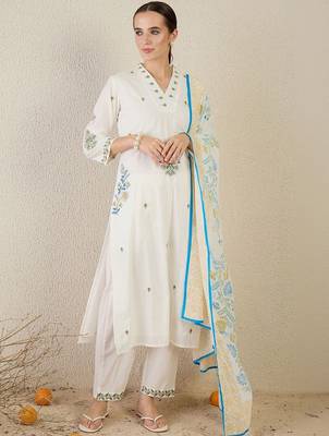 Women Floral Embroidered Regular Thread Work Pure Cotton Kurta with Trousers & With Dupatta 6