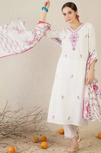 Women Floral Embroidered Regular Thread Work Pure Cotton Kurta with Trousers & With Dupatta