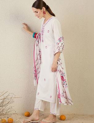 Women Floral Embroidered Regular Thread Work Pure Cotton Kurta with Trousers & With Dupatta 6
