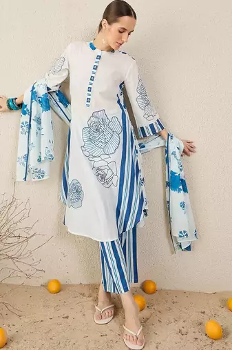Women Floral Printed Regular Mirror Work Pure Cotton Kurta with Trousers & With Dupatta