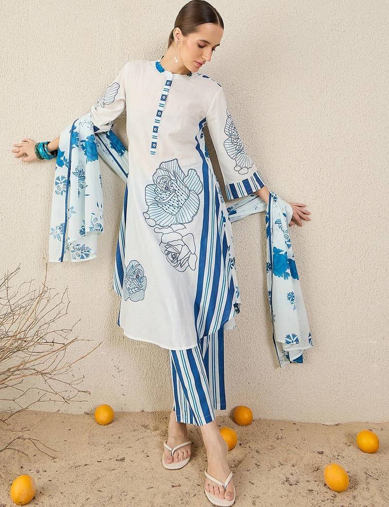Women Floral Printed Regular Mirror Work Pure Cotton Kurta with Trousers & With Dupatta