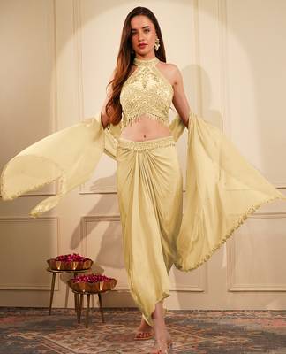 Cream  colour crepe drape skirt set with heavy hand embroidered blouse and dupatta 1