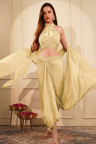 Cream  colour crepe drape skirt set with heavy hand embroidered blouse and dupatta