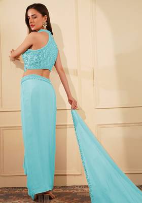 Light blue crepe drape skirt set with heavy hand embroidered blouse and dupatta 2