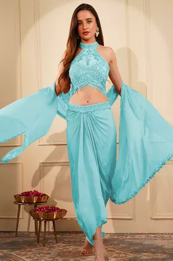 Light blue crepe drape skirt set with heavy hand embroidered blouse and dupatta