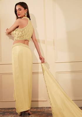 Cream  colour crepe drape skirt set with heavy hand embroidered blouse and dupatta 2