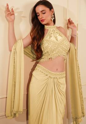 Cream  colour crepe drape skirt set with heavy hand embroidered blouse and dupatta 3