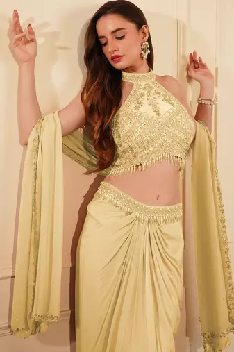 Cream  colour crepe drape skirt set with heavy hand embroidered blouse and dupatta
