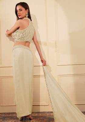 Dull ivory crepe drape skirt set with heavy hand embroidered blouse and dupatta 2