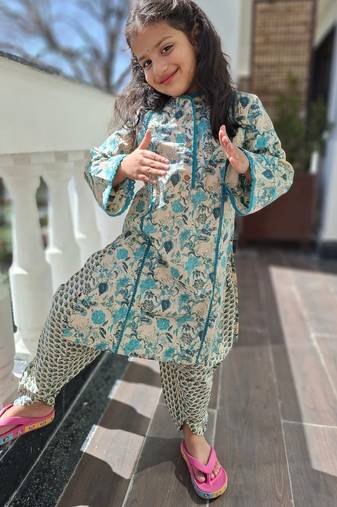 Teal blue floral kurta set