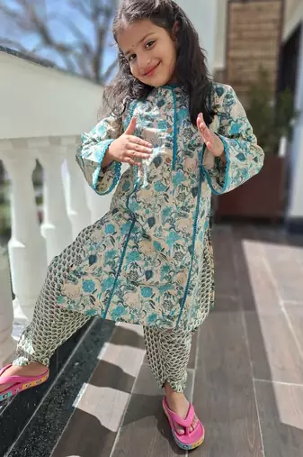 Teal blue floral kurta set