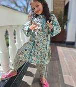 Teal blue floral kurta set