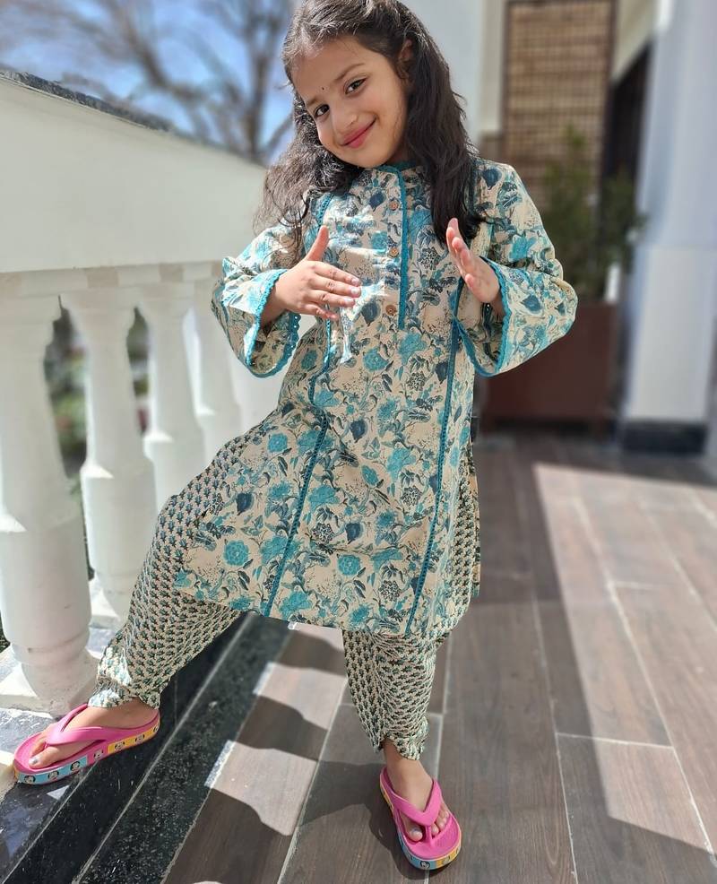 Teal blue floral kurta set