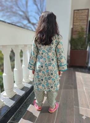Teal blue floral kurta set 2