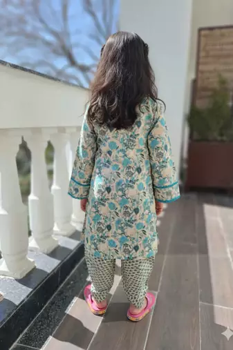 Teal blue floral kurta set