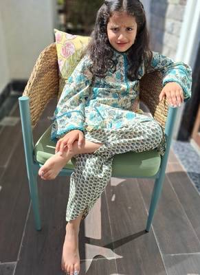Teal blue floral kurta set 3