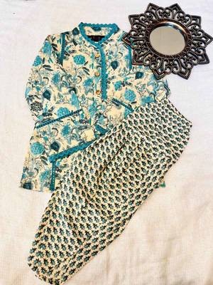 Teal blue floral kurta set 4