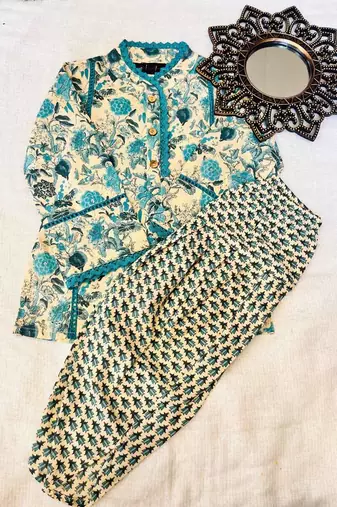 Teal blue floral kurta set